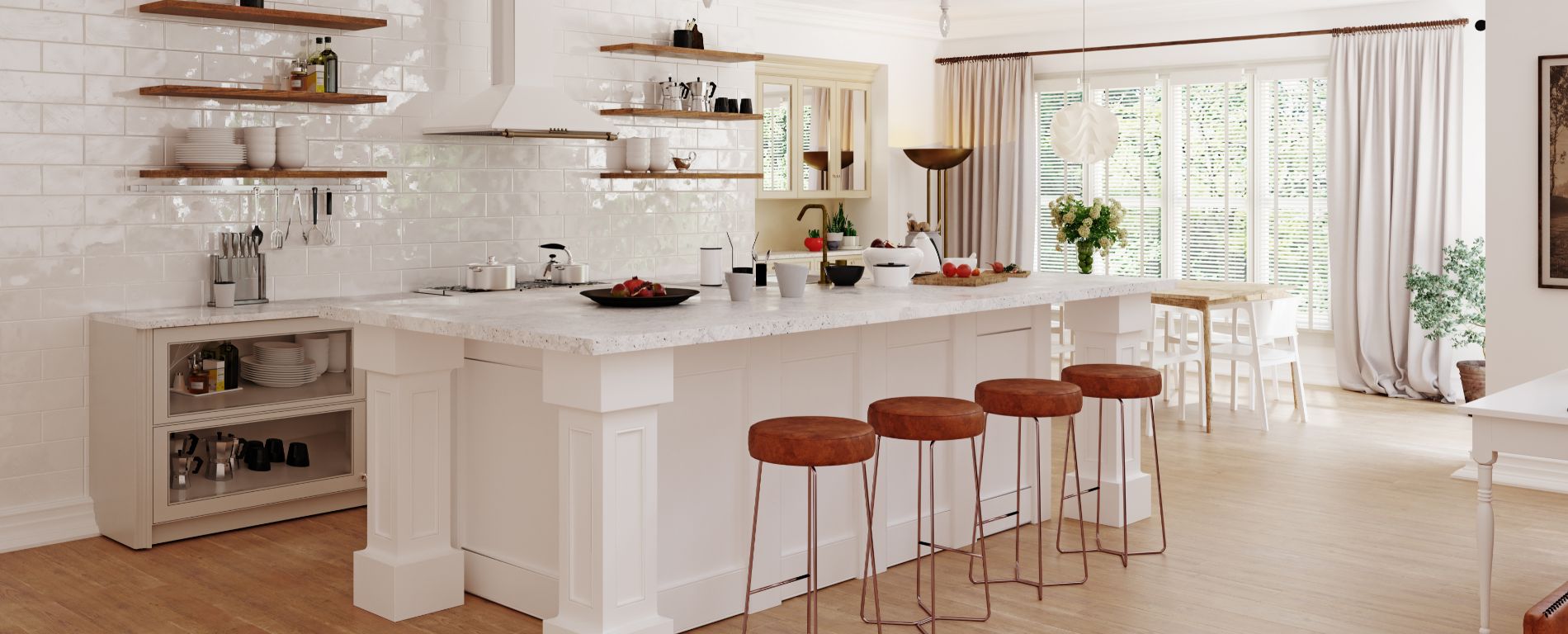 A view at modern white kitchen and dining area with white shutters and custom drapery